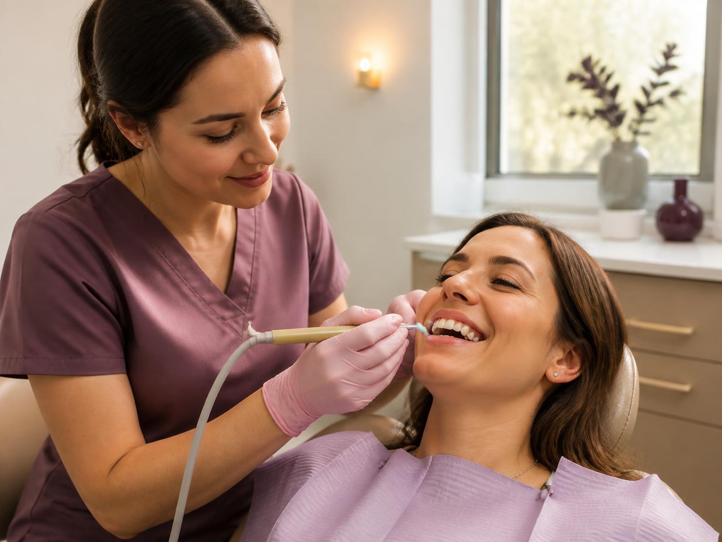 Dental hygienist gently cleaning a relaxed patient's teeth in a bright treatment room